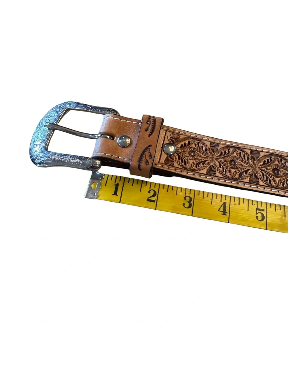 Hand-Tooled Brown Leather Men's 38 Belt with Decorative Silver Buckle